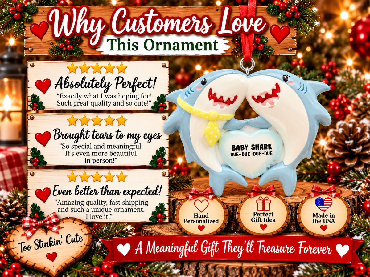 Shark baby announcement ornament hanging from a red ribbon against warm Christmas lights.
