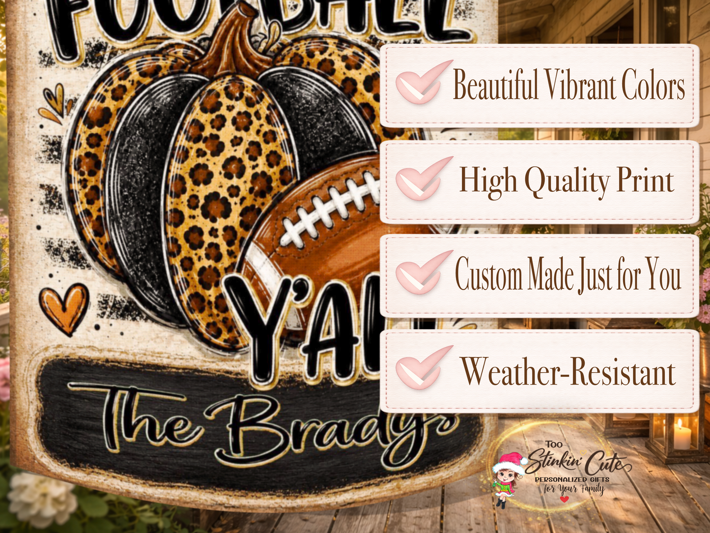Rustic fall football porch flag customized with your family name