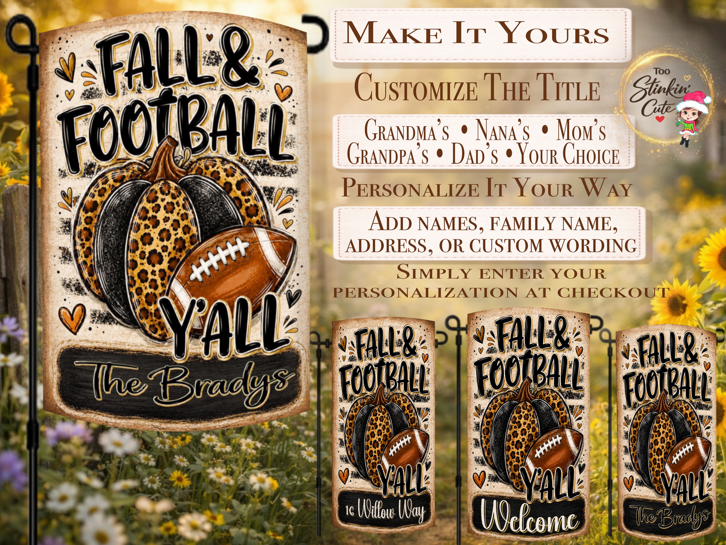 Custom football family yard flag with a leopard-print and black pumpkin