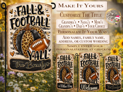 Custom football family yard flag with a leopard-print and black pumpkin