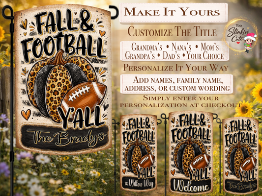 Custom football family yard flag with a leopard-print and black pumpkin