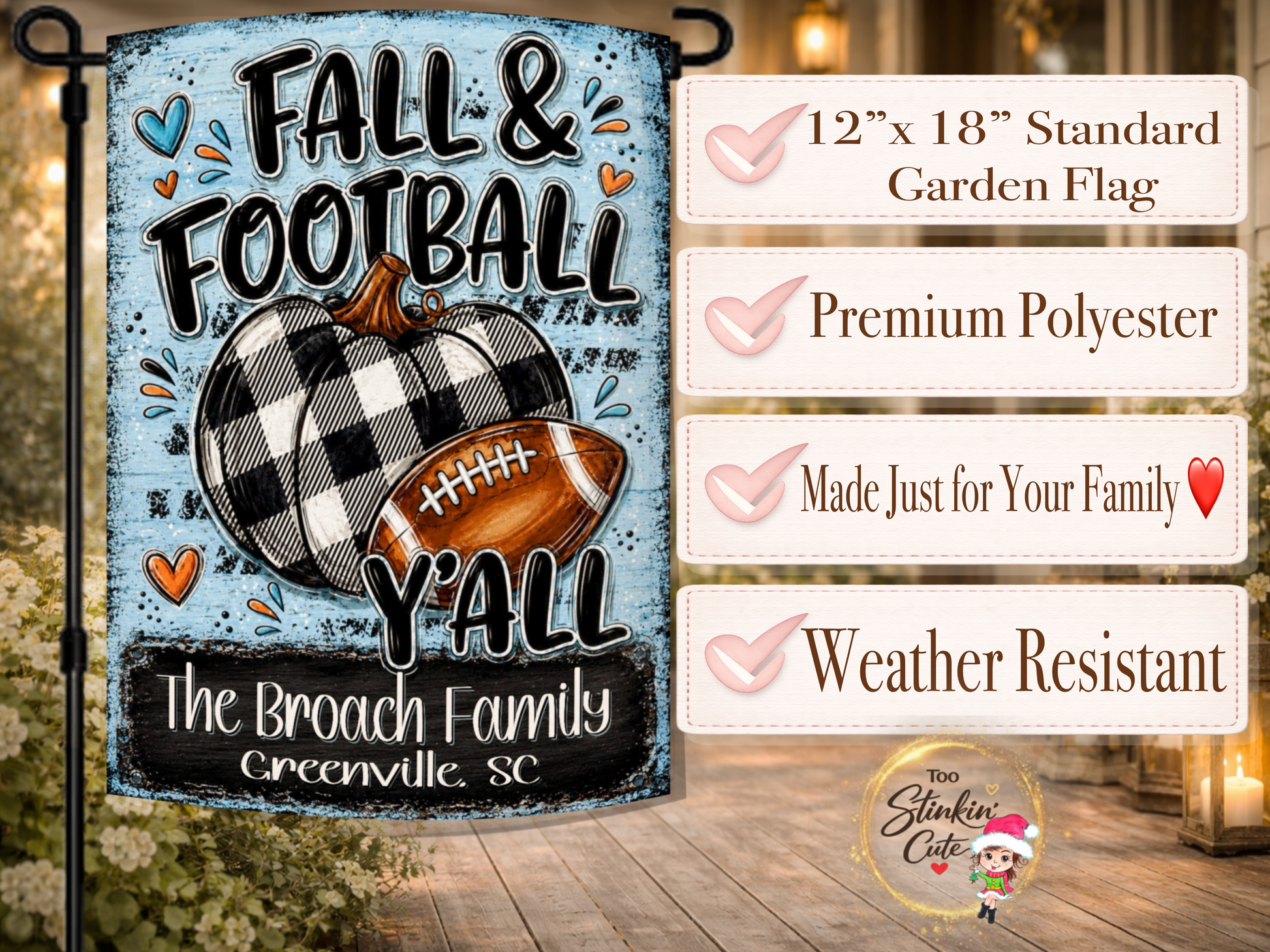 Buffalo plaid pumpkin garden flag customized with a surname, city and state