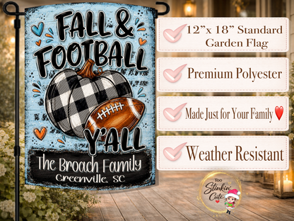 Buffalo plaid pumpkin garden flag customized with a surname, city and state