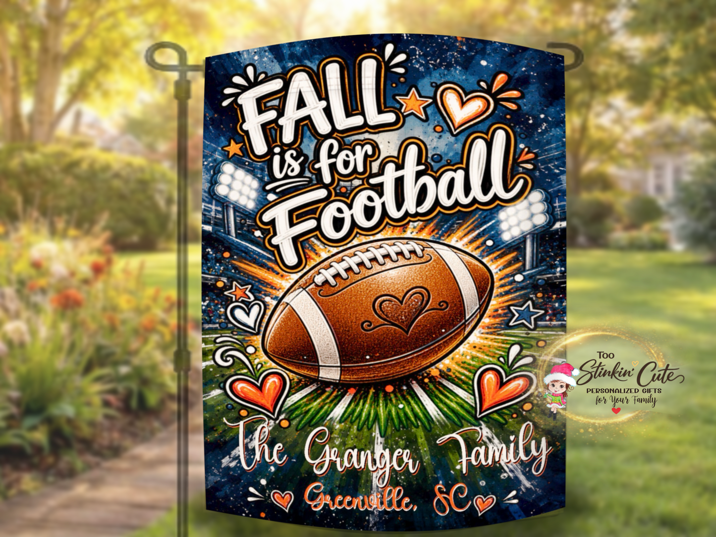 Personalized football season outdoor flag with stadium lights and a football field