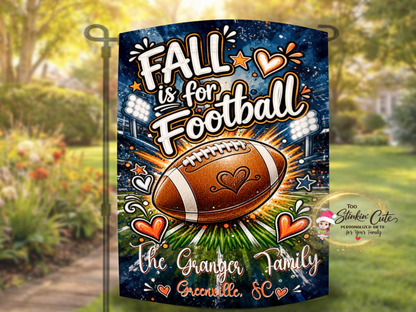 Personalized football season outdoor flag with stadium lights and a football field