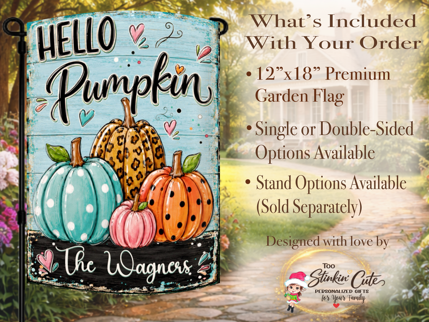Colorful autumn garden flag with polka-dot pumpkins, hearts, and a distressed turquoise background.