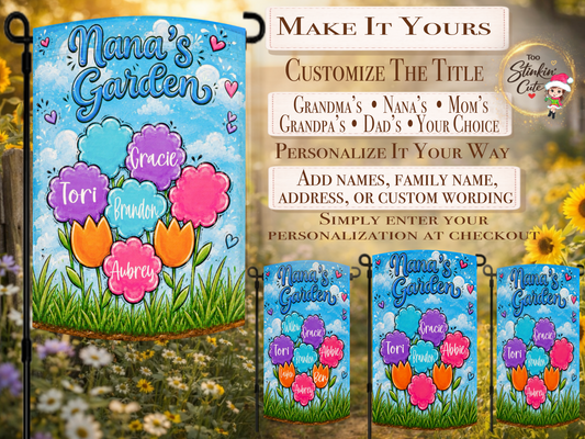Custom grandkids flower garden flag with seven personalized names and a bright blue floral design
