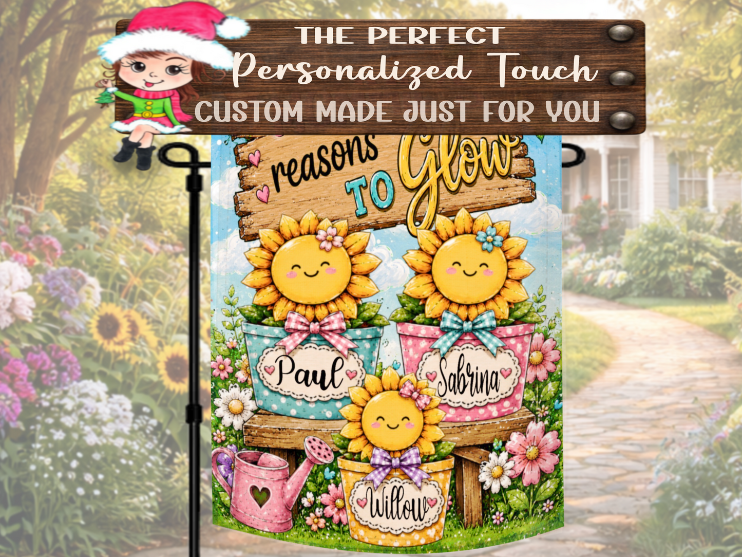 Personalized family flower garden flag with whimsical artwork