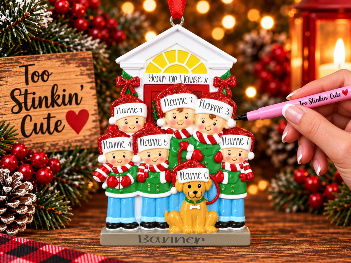 Custom six-person family Christmas ornament with one pet dog