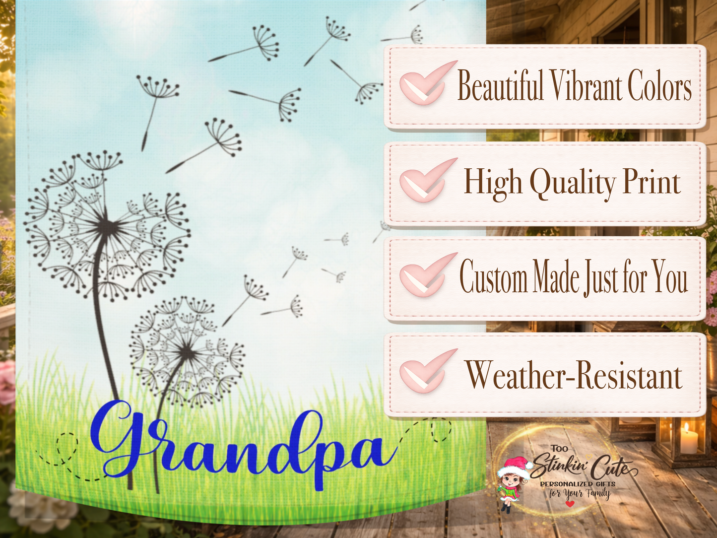 Blue farmhouse style grandpa porch flag with dandelions