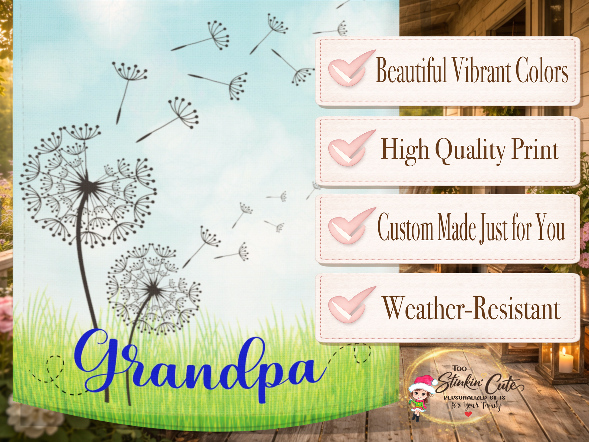 Blue farmhouse style grandpa porch flag with dandelions