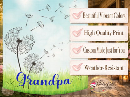 Blue farmhouse style grandpa porch flag with dandelions