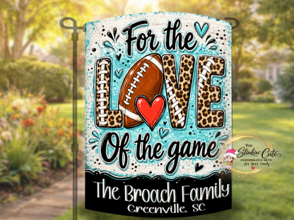 Custom hometown football flag featuring bold LOVE lettering and football laces