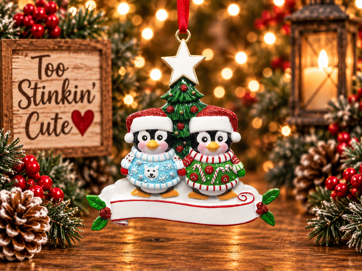 Personalized family of two penguin Christmas ornament featuring two custom names.
