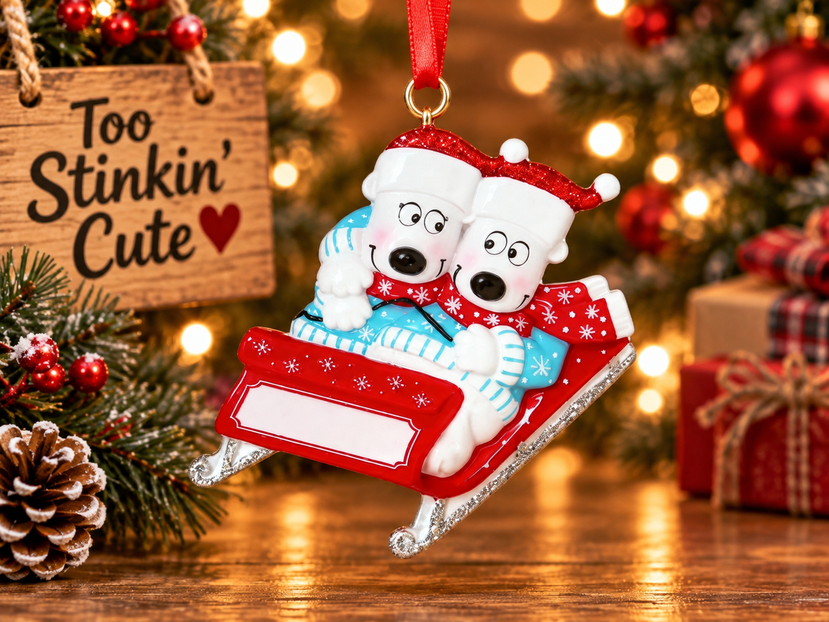 Personalized two-name Christmas ornament for couples, siblings, friends, or parent and child.
