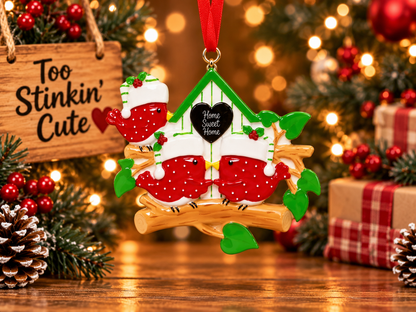 Personalized three-name Christmas ornament featuring red birds, a birdhouse, and a tree branch.
