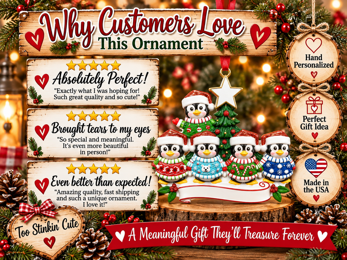 Family of five Christmas keepsake ornament with a star, banner, and solid-red ribbon.
