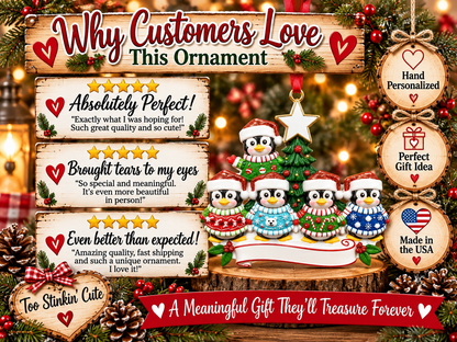 Family of five Christmas keepsake ornament with a star, banner, and solid-red ribbon.