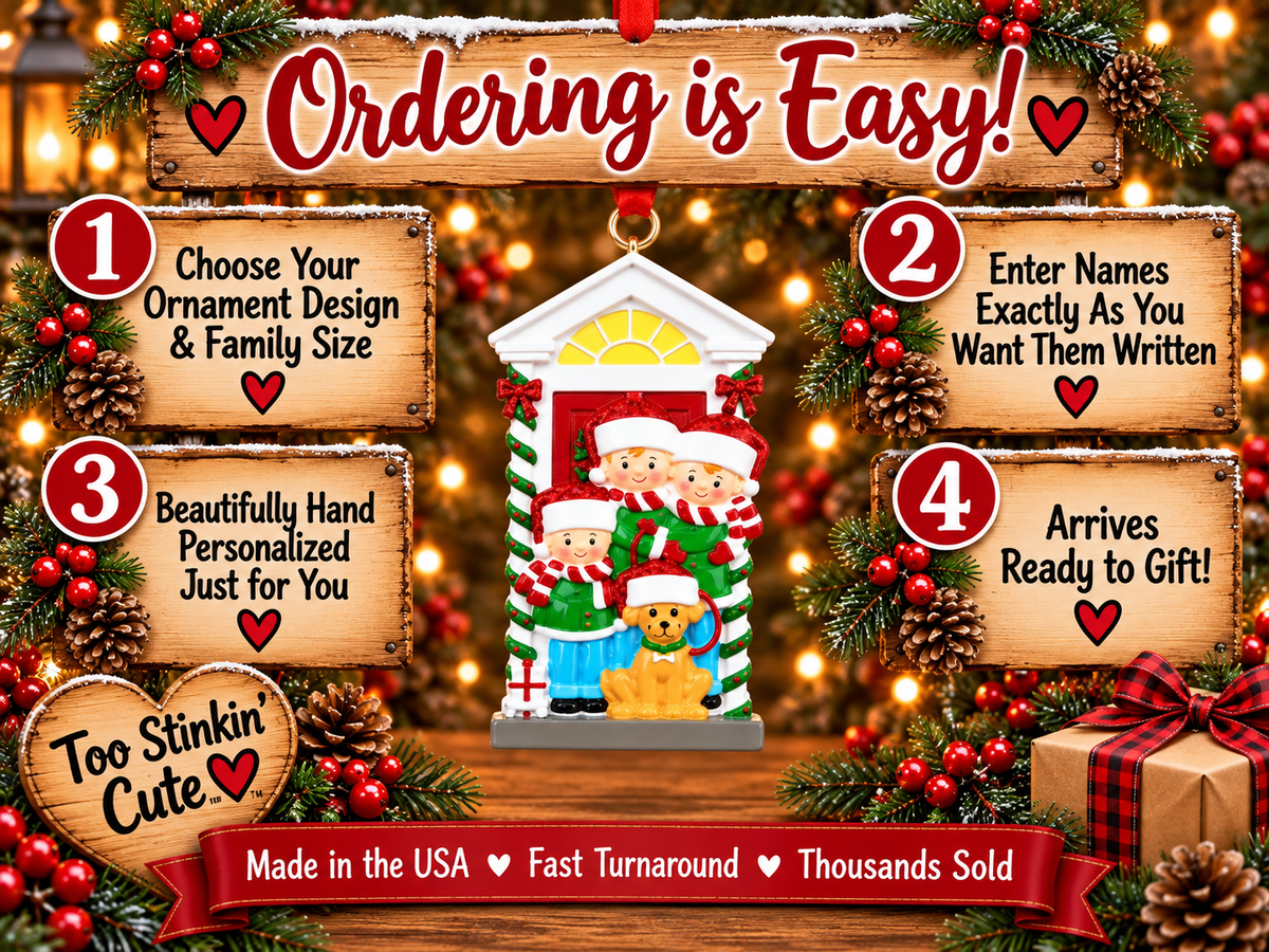 Personalized family Christmas keepsake featuring five people and a pet dog