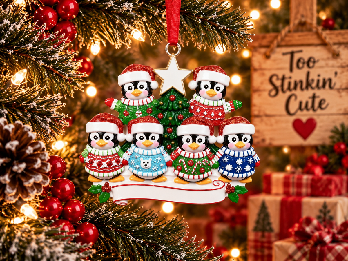 Personalized six-name Christmas ornament featuring penguins and a decorated tree.