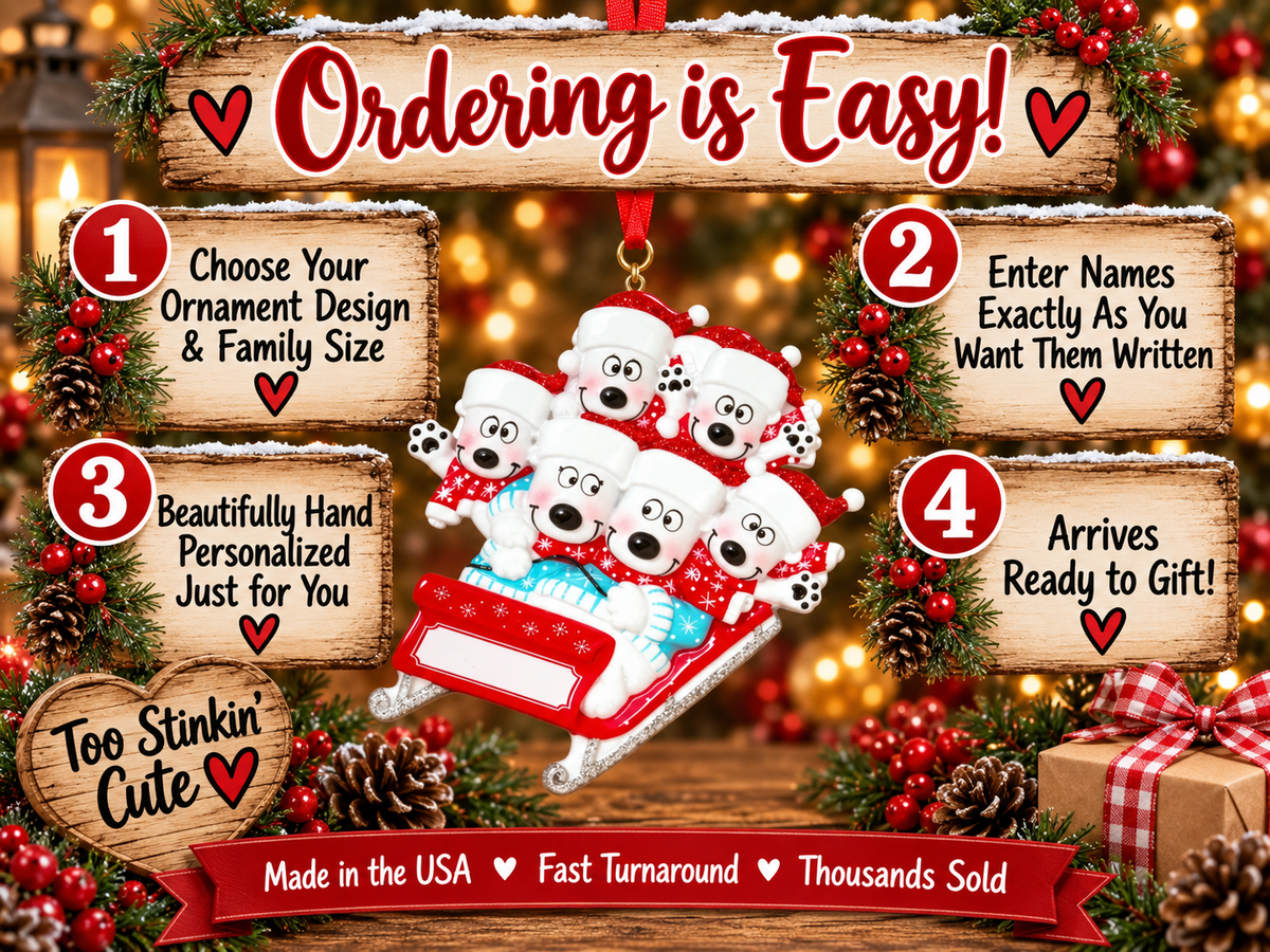 Hand-personalized polar bear family ornament with individual names, family banner, and year.