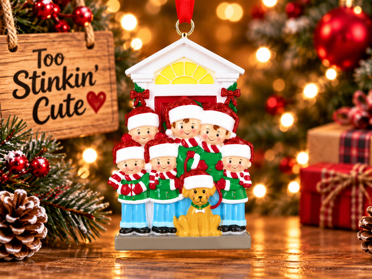 Family of six and dog holiday keepsake with Santa hats and Christmas outfits