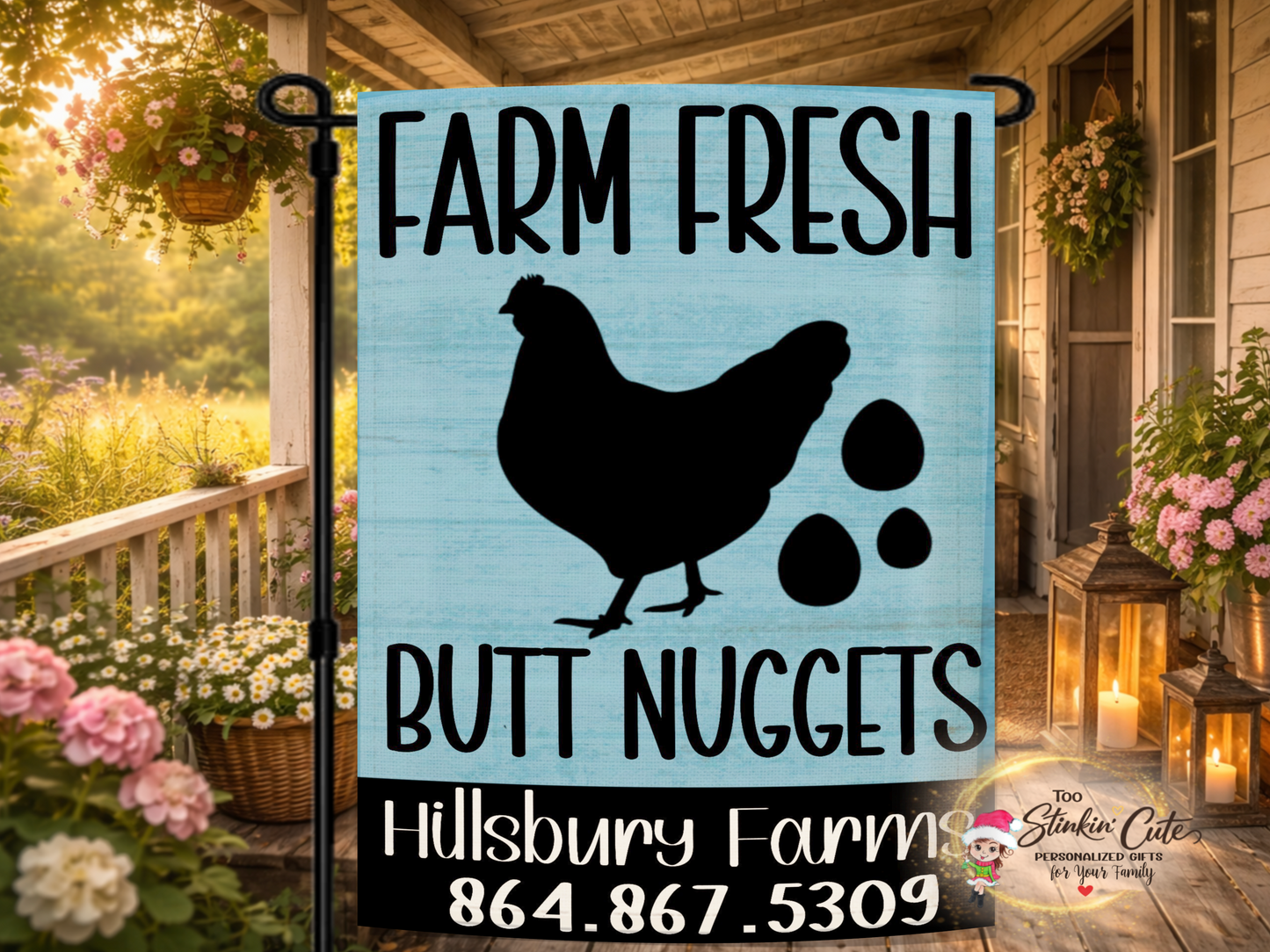 Funny farm fresh butt nuggets garden flag with chicken silhouette and eggs