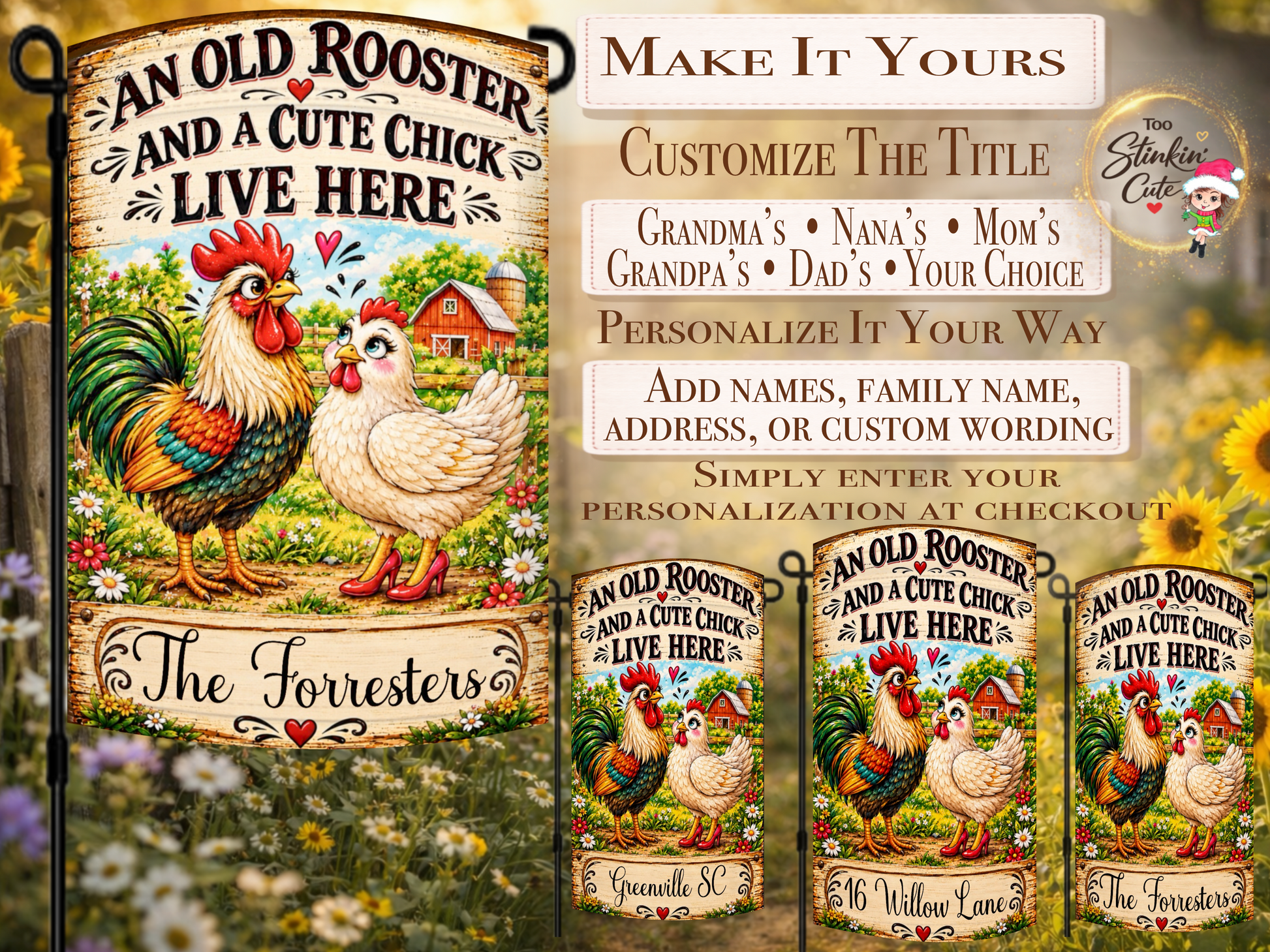 Custom family name chicken garden flag with a multicolored rooster and cute hen wearing red high heels.