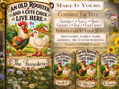 Custom family name chicken garden flag with a multicolored rooster and cute hen wearing red high heels.