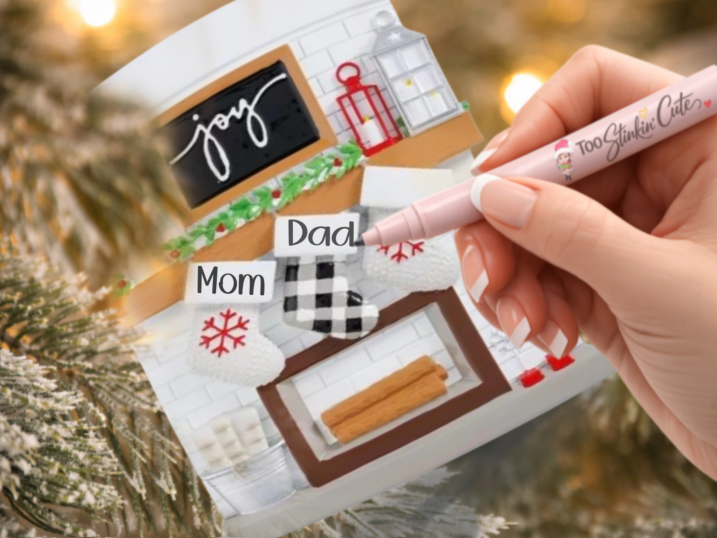 Personalized Fireplace Family Ornament | Custom Family of 3 Christmas Keepsake Gift