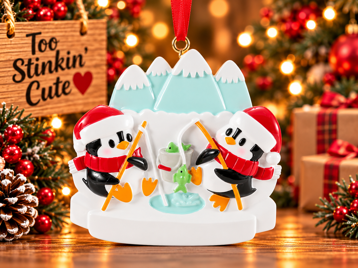 Two penguins ice fishing Christmas ornament wearing red Santa hats and scarves beneath snowcapped blue mountains.