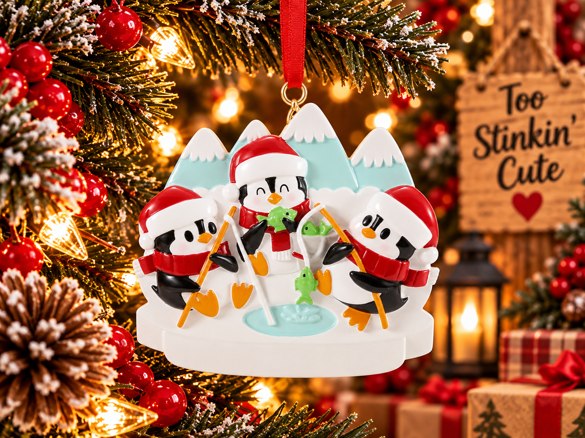 Center penguin holding a green fish between two fishing penguins in a snowy family ornament scene.