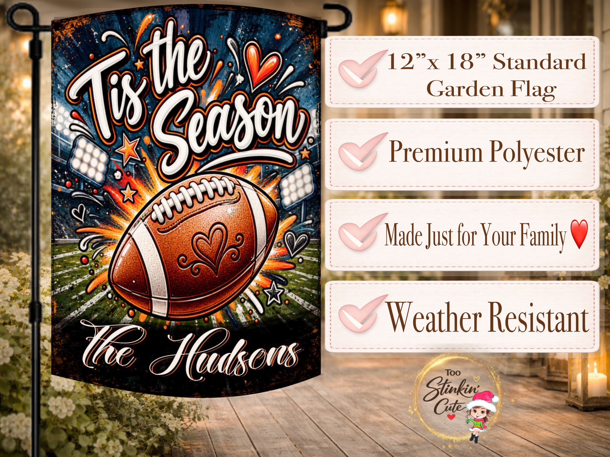 Game-day porch flag customized with your family name