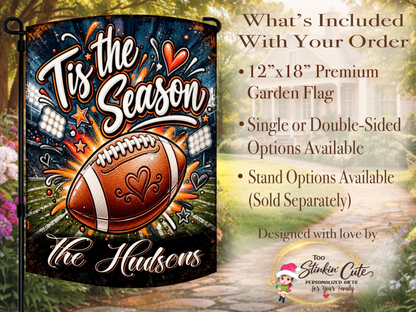 Boutique-style football garden flag featuring stadium lights, hearts and stars