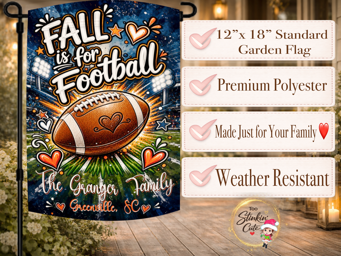 Personalized game-day garden flag with a large football and hometown information