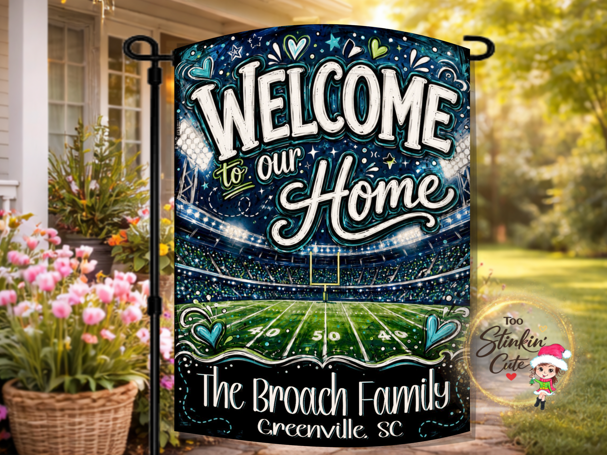 Personalized Welcome to Our Home football garden flag with family name and hometown
