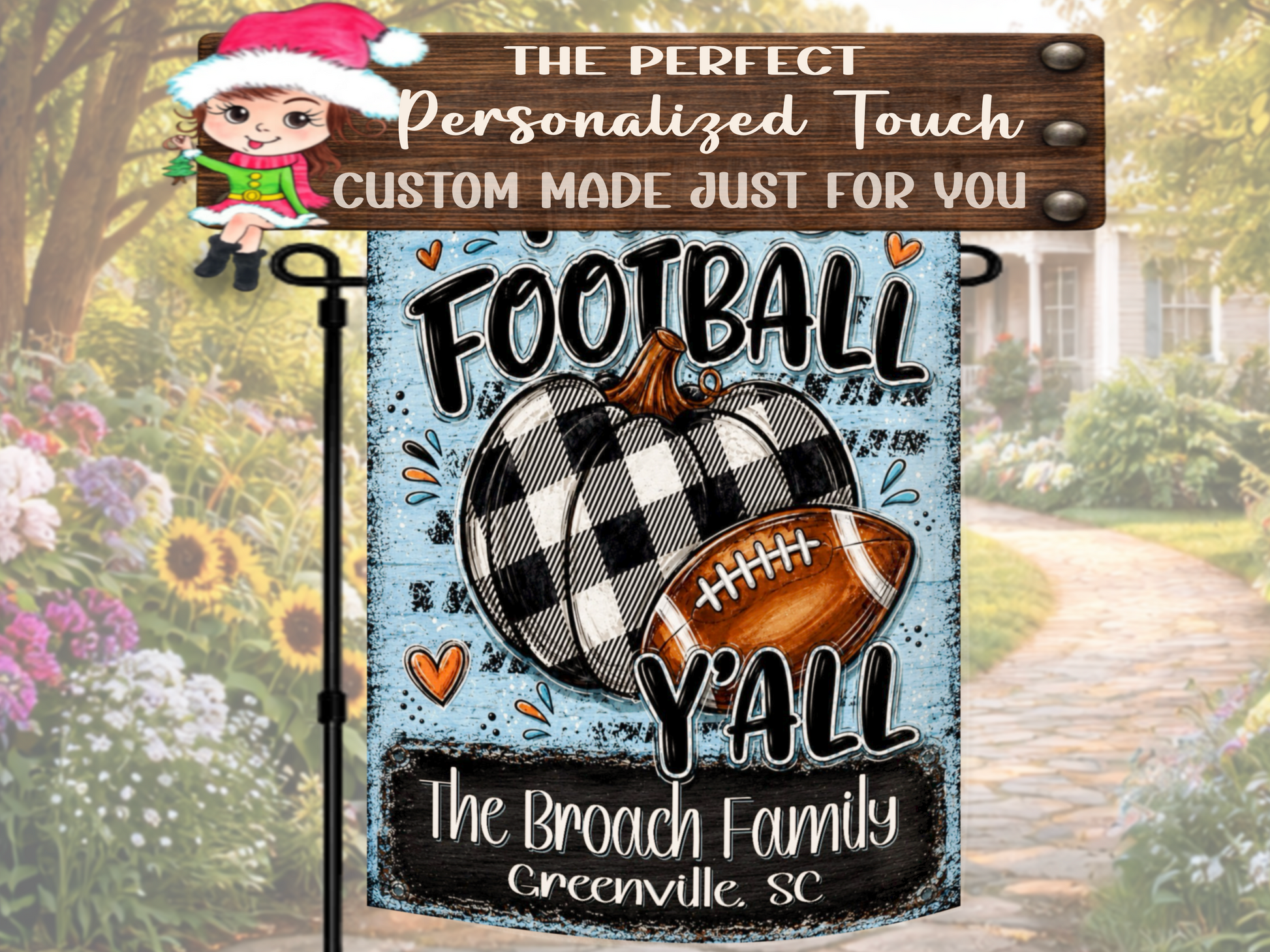 Custom hometown football flag with a pumpkin, football and colorful hearts