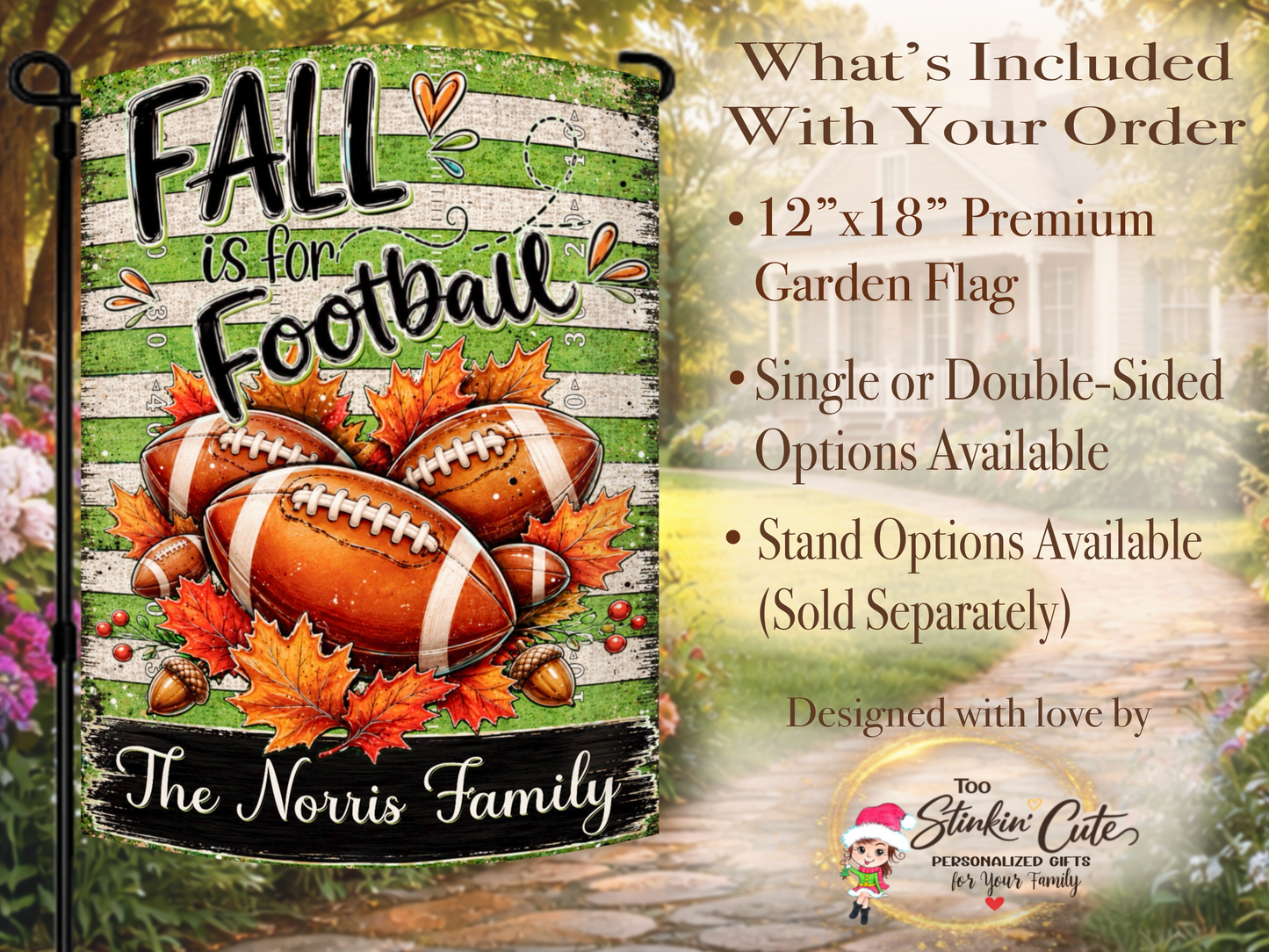 Football season porch flag customized with your family name