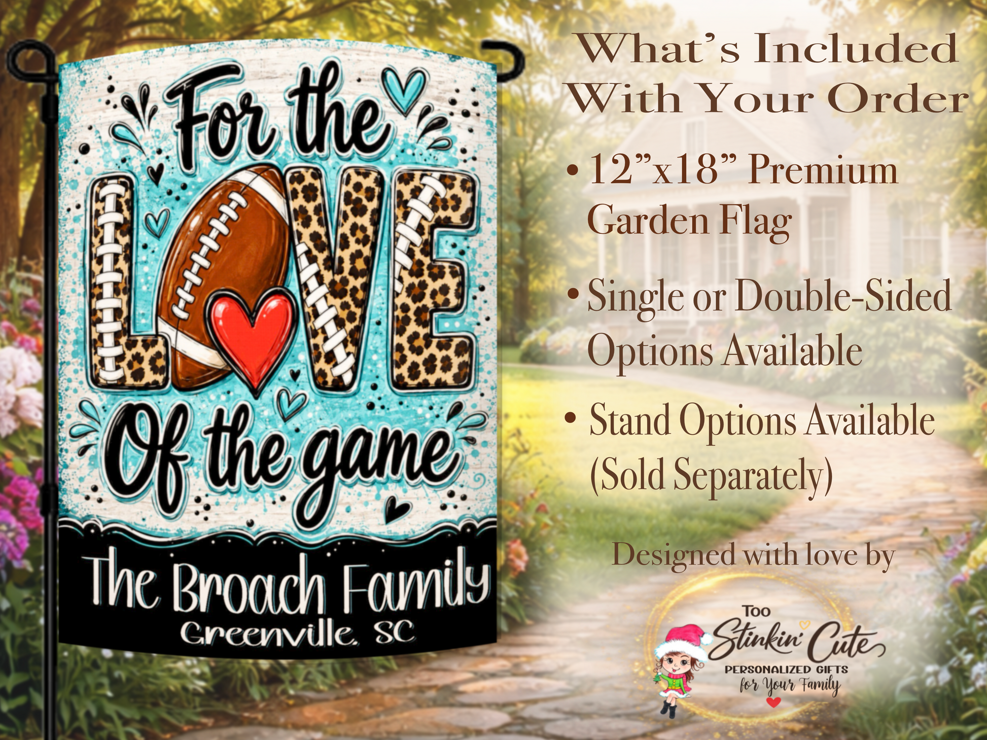 Boutique-style football garden flag featuring leopard print and colorful painted accents