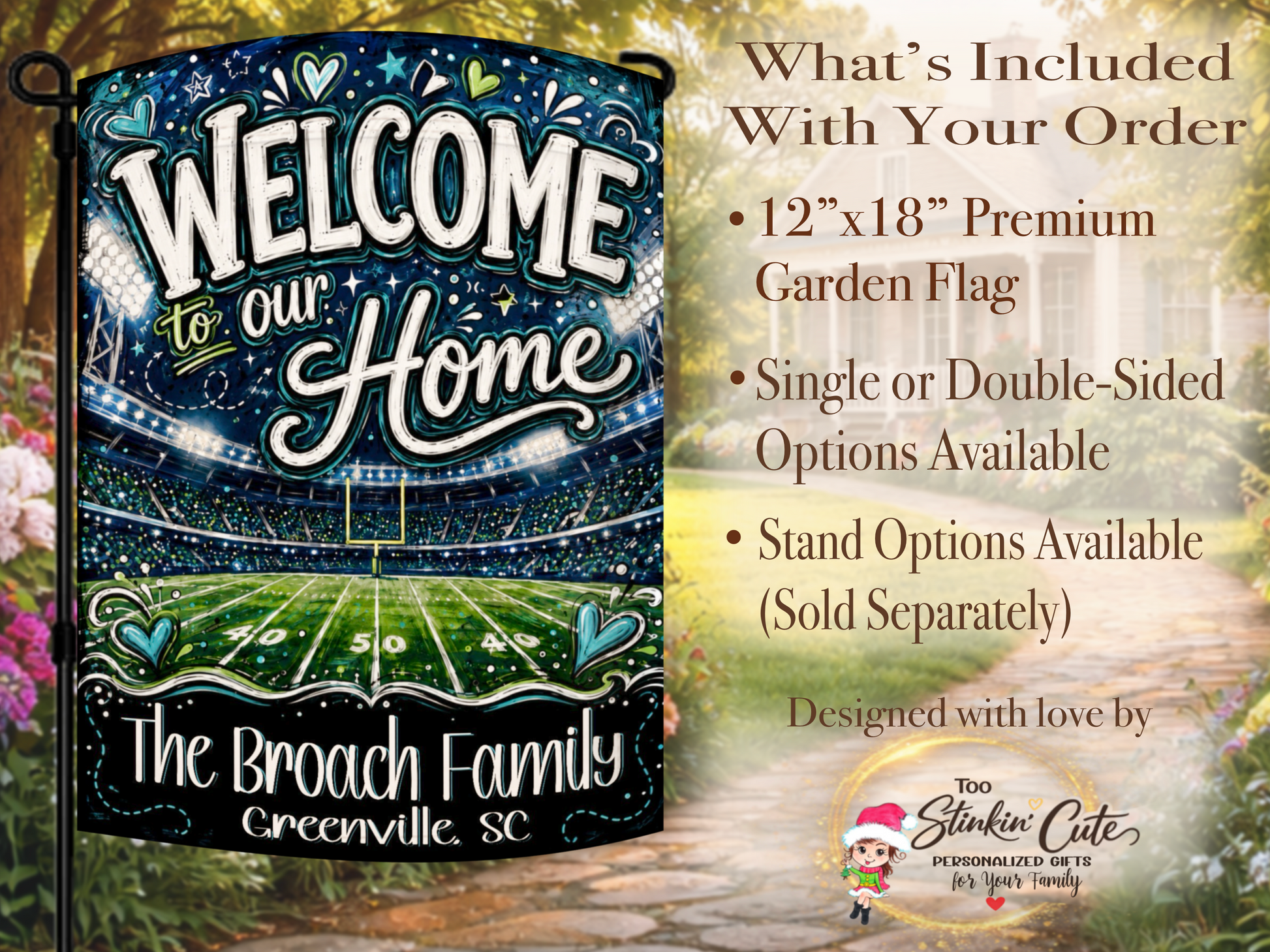 Boutique-style football garden flag featuring navy, turquoise and green artwork