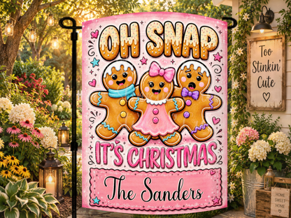 Whimsical personalized gingerbread family flag for Christmas gifts, housewarming presents, porches, gardens, walkways, patios, and yards.