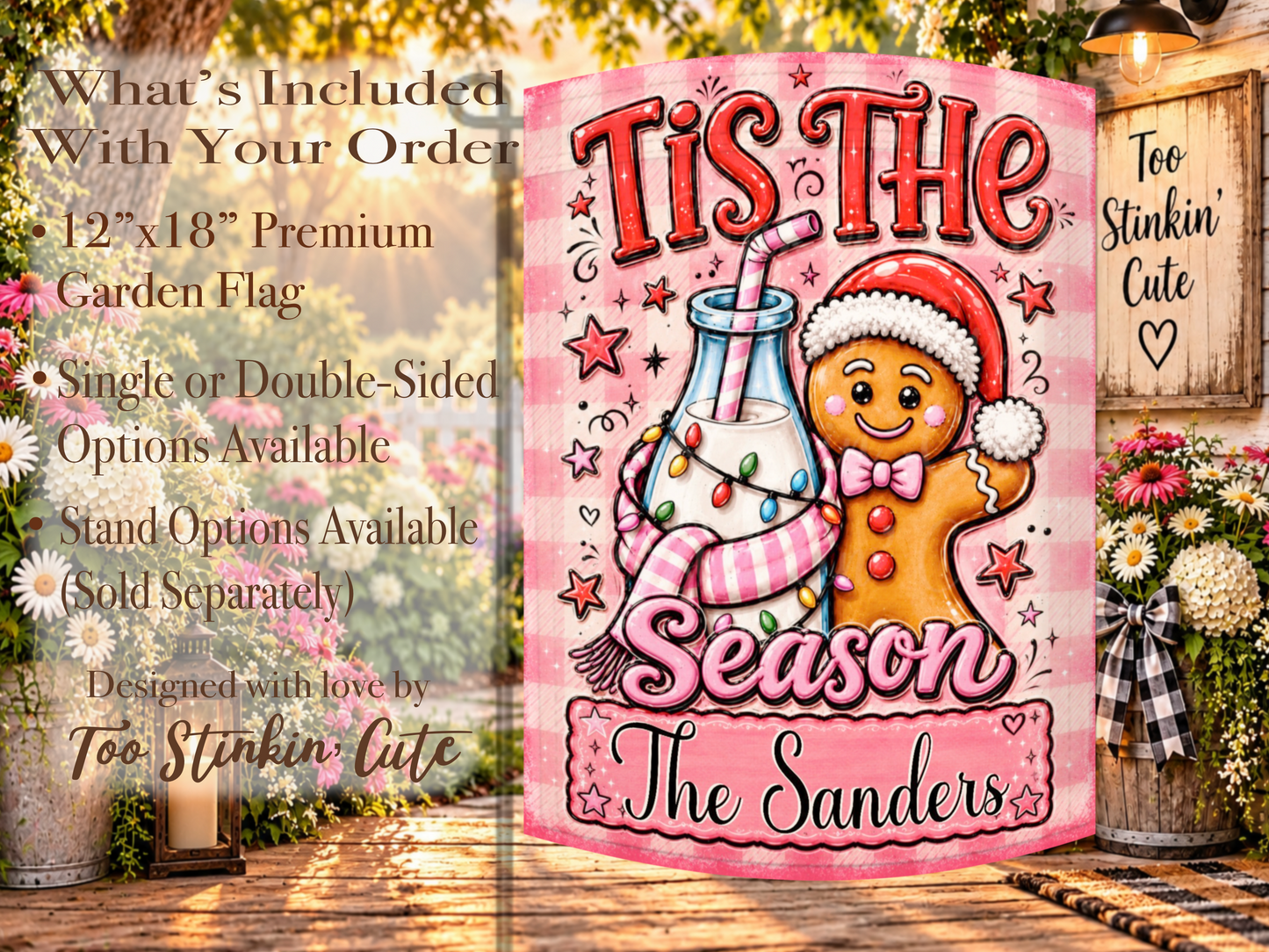Personalized pink Christmas yard flag with an adorable gingerbread character, holiday milk bottle, stars, hearts, and whimsical doodle accents.