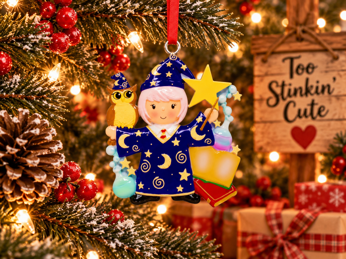 Personalized young witch ornament with a name written on the open book