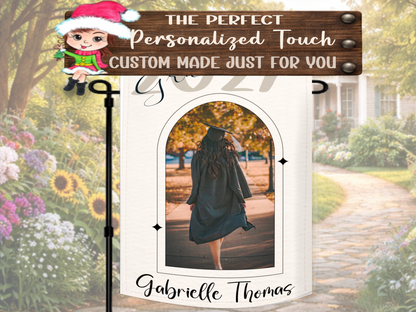 Personalized senior celebration yard flag with graduate portrait and custom graduation year