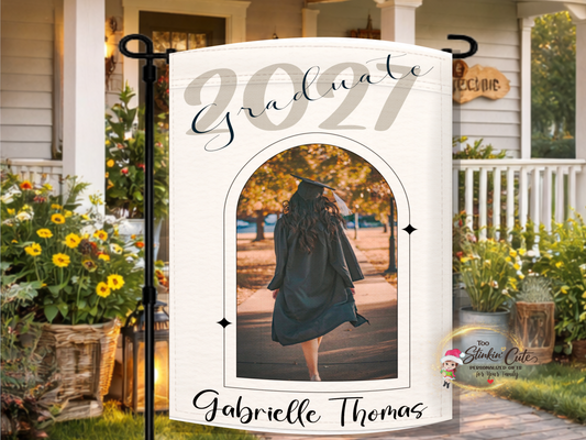 Personalized graduation garden flag featuring custom graduate photo, name, and Class of 2027 design