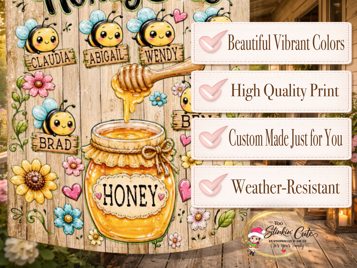 Grandma’s honey bees personalized flag featuring cute bees and individual grandchildren’s names