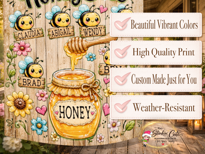 Grandma’s honey bees personalized flag featuring cute bees and individual grandchildren’s names
