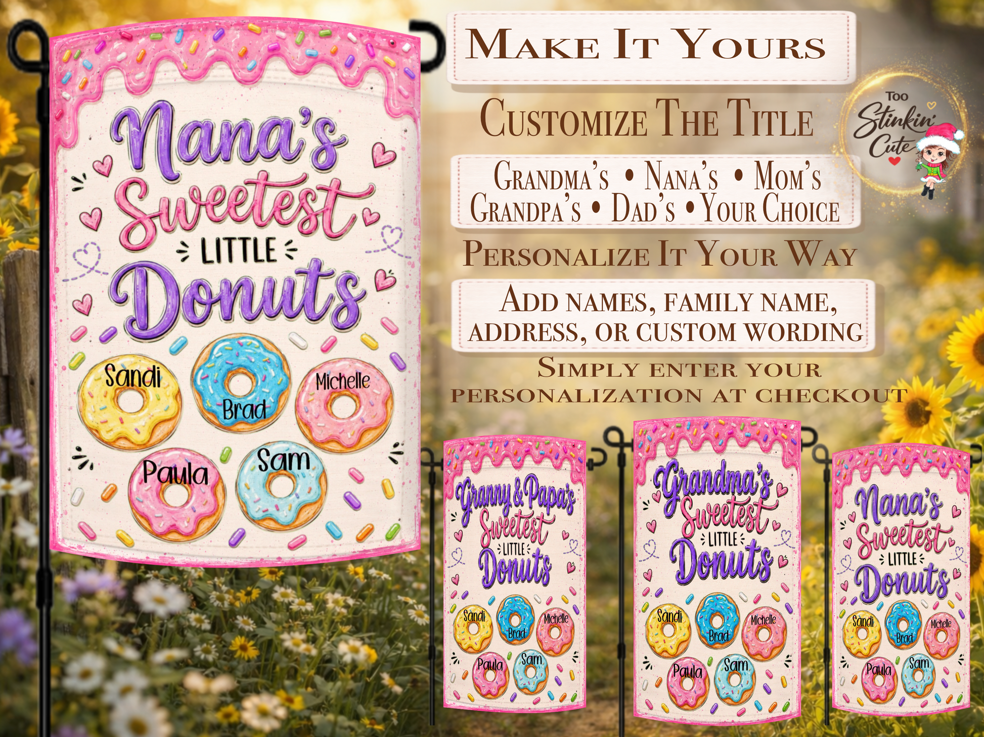 Custom Nana garden flag featuring colorful frosted donuts and sprinkles