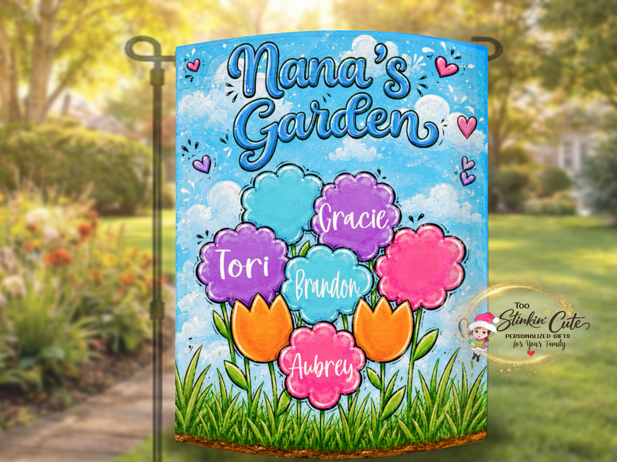 Personalized mother’s garden yard flag with custom names, family wording, or an address