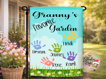 Personalized Granny’s Favorite Garden flag with colorful handprints